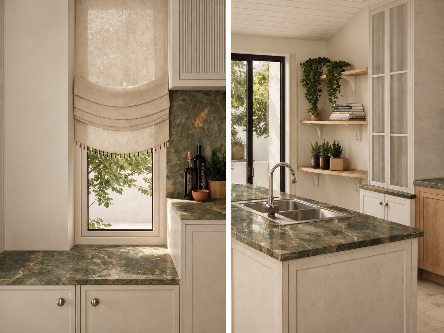 Paired renders of a window nook with a linen blind and the sink run with open timber shelves