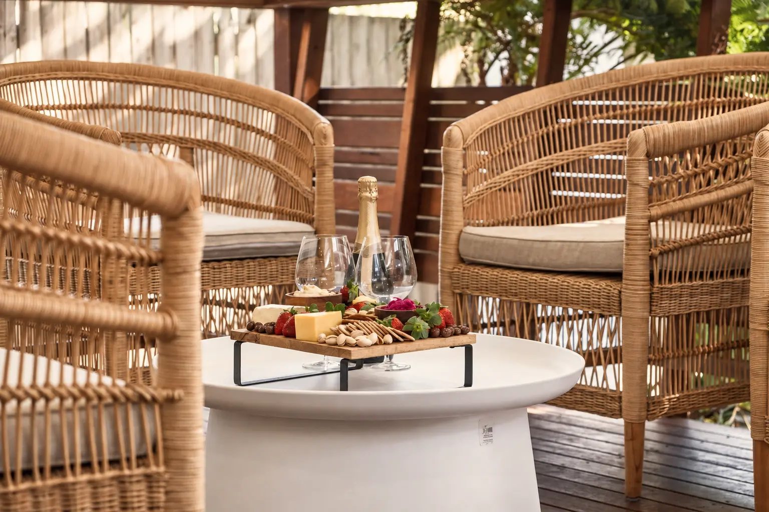 Not Nothing Beach House: rattan armchairs around a white side table set with champagne and a grazing board