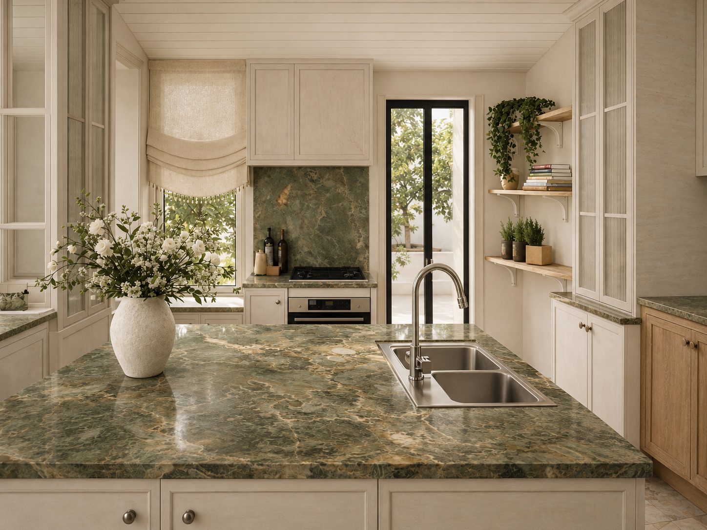 Render of Across the River kitchen with a green stone island and cream cabinetry