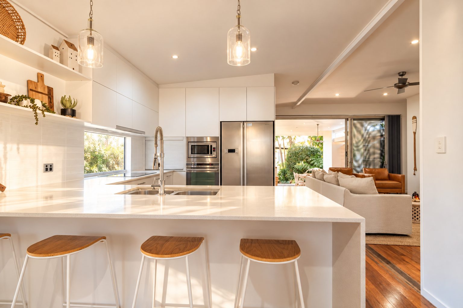 Not Nothing Beach House: light-filled white kitchen with a stone island, timber stools and glass pendants opening to the living room