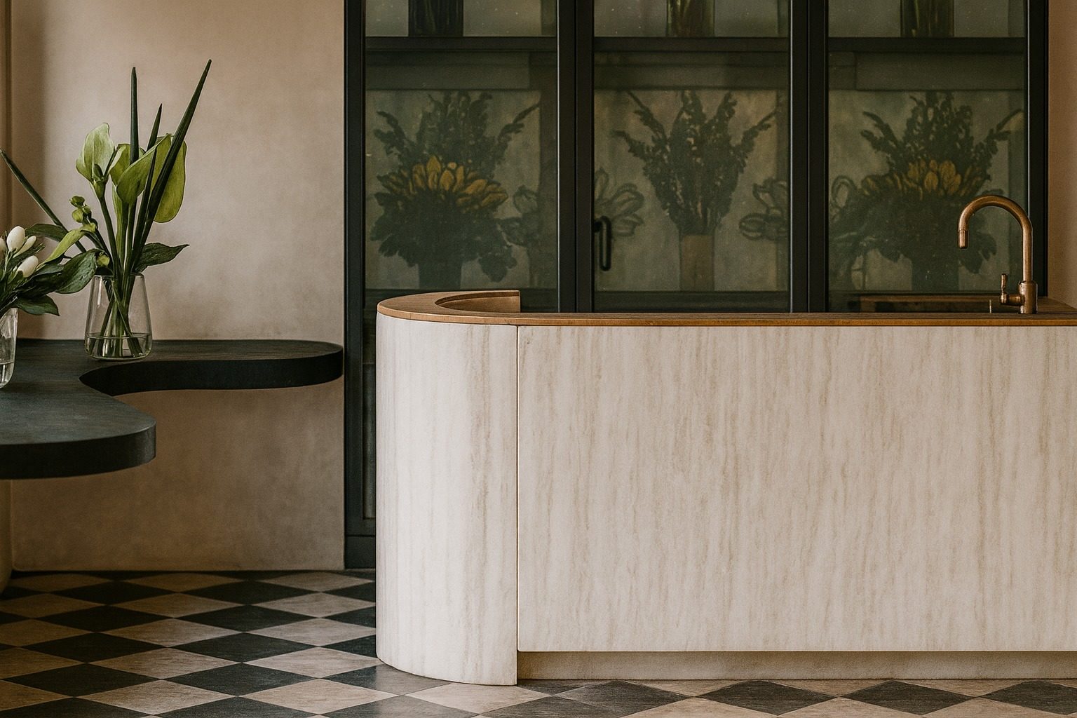 Render of Petite Fleur with a curved pale counter and checkerboard floor
