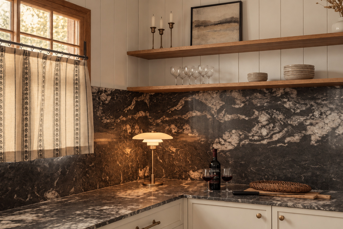 Kitchen corner with a veined marble splashback, oak shelves, a brass table lamp and cafe curtains beside the window