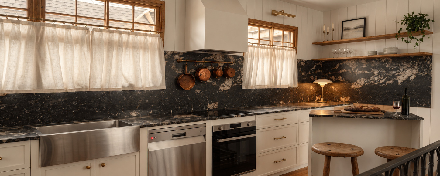 Rose Street Kitchen: galley kitchen with a veined marble splashback, copper pans on a brass rail, cafe curtains and timber stools at the kitchen pass
